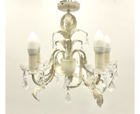 Single five branched chandelier with leaf and droplets detail H39cm, along with five white pleated lampshades