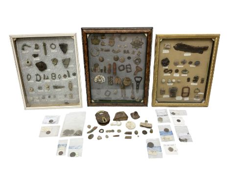 Collection of metal detecting finds, most contained within display frames and labelled, some loose, to include musket balls, 