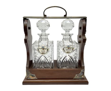 Late 20th century mahogany and silver plated two cut glass decanter tantalus, marked PB&amp;S, with Whisky and Gin Crown Staf
