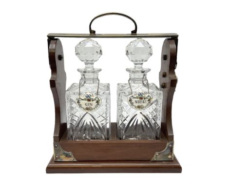 Late 20th century mahogany and silver plated two cut glass decanter tantalus, marked PB&amp;S, with Whisky and Gin Crown Staf