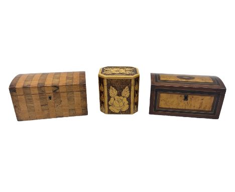 19th century style specimen wood tea caddy, with slightly domed hinged cover, and twin compartmented interior with covers, wi