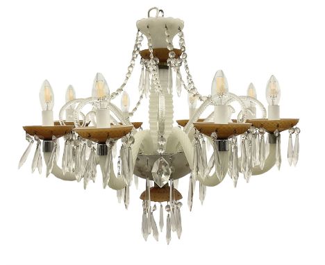 Eight branch milk glass chandelier, the ribbed central stem with eight wrythen twist scrolling branches and amber glass drip 