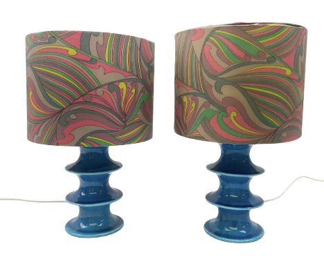 Pair of mid-20th century Swedish blue table lamps, designed by Inger Persson as part of the 'Pop' series for Rorstrand, with 