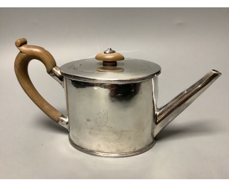   A George III silver oval teapot, with engraved armorial,  Emes &amp; Barnard, London, 1810 (a.f.).height 12.6cm, gross weig