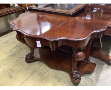   A Victorian mahogany two tier console table, width 120cm, depth 64cm, height 76cm