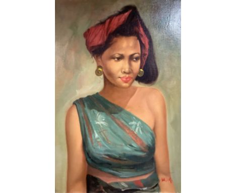   A* Hasim (Indonesian 1921-1982), oil on board, portrait of a native girl,signed60 x 40cm 
