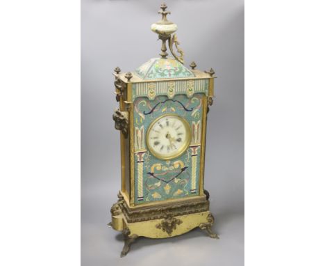  A brass and cloisonné enamel  mantel clock, height 67cm
