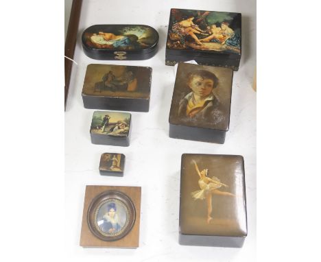   Seven Russian Papier mache boxes, 19th/20th century, large is 16.5 cm wide, with various painted scenes and a portrait mini