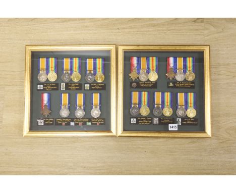   Two framed collections of WW1 medal groupsTrios toCapt Harold E.Jones ASC8877 Pte A Woodcock RFAWM &amp; Vict to11547 Pte H