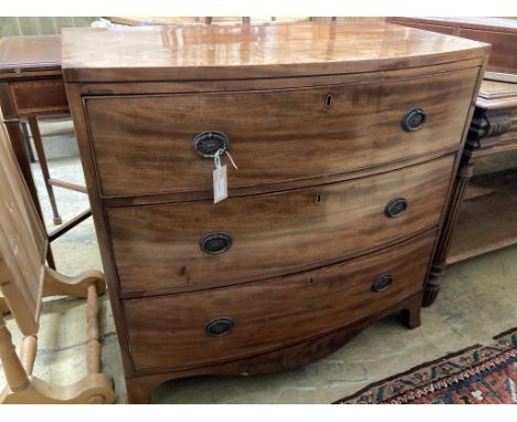   A Regency mahogany bow-fronted chest fitted three drawers, width 89cm, depth 51cm, height 86cm