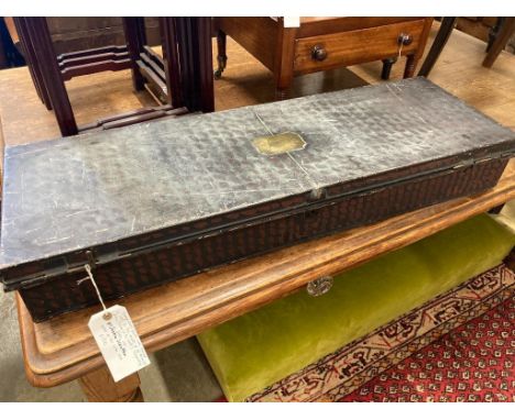   A Victorian rectangular painted tin trunk, the brass plaque engraved Honourable Justice Scrutton, length 103cm, depth 33cm,