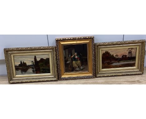   R. Salisbury, pair of oils on board, River landscapes, signed and dated 1891, 14 x 23cm and an oil on zinc, interior with w