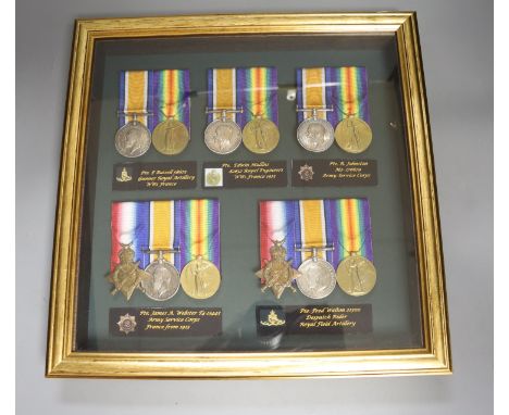   Five WW1 medal groups in one display caseTrios to;T4-13443 Pte James A.Webster ASC21300 Pte Fred Walton, RFAWM &amp; Vict t