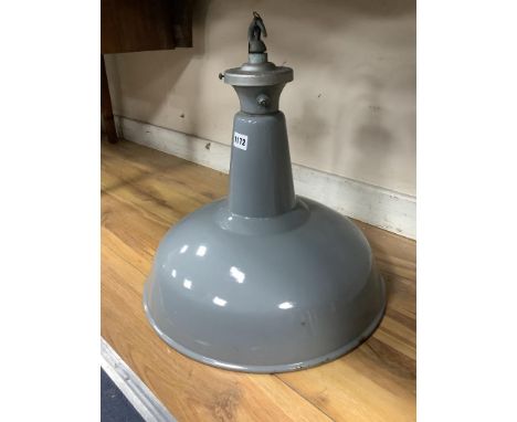   A vintage industrial style grey enamel ceiling shade, height 40cm