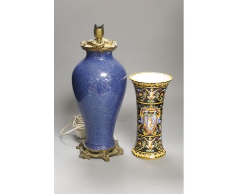   A French powder blue vase with ormolu lamp mounts, height 36cm, and a Gien vase