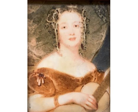   A.Graham 1882. watercolour on ivory miniature, portrait of a lady holding a guitar, 10 x 8cm.
