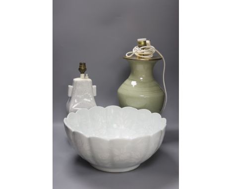   A Japanese Kutani large deep circular bowl with white enamelled decoration, diameter 36cm, a celadon table lamp and a grey 