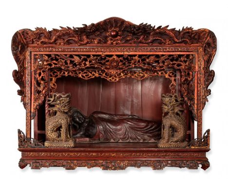 Altar of Reclining Buddha; Vietnam, Son La province, 18th century.Carved, lacquered and gilded wood, with carved and lacquere