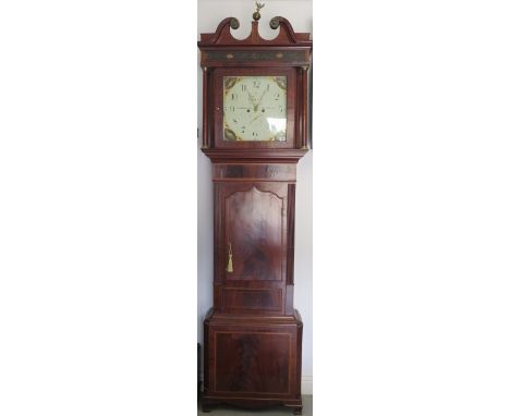 An early 19th century longcase clock, 8 day movement, mahogany case with inlay, painted 14" dial, signed H Kowill Ormskirk, 9