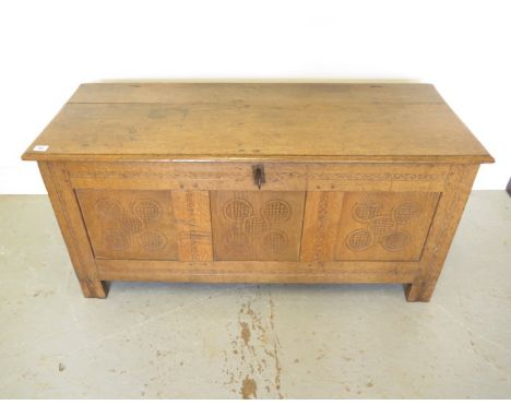 An 18th century and later oak 3 panel coffer with candle box and key, 54cm tall x 113cm x 45cm 