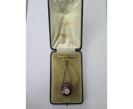 An Enamel ball manual wind brooch watch in original box, J MacMichael 42 South Audley St London, makers to The King and queen