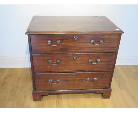 An 18th century mahogany 3 drawer chest on bracket feet, 78cm tall x 85cm x 53cm, some wear and losses consistent with age bu