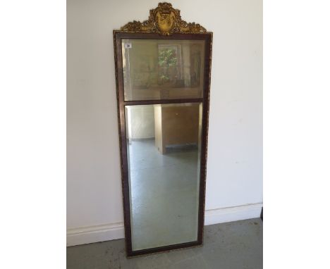 A decorative mahogany and gilt hall mirror with bevel edge mirror and French coloured print, 142cm tall x 49cm wide, some spo