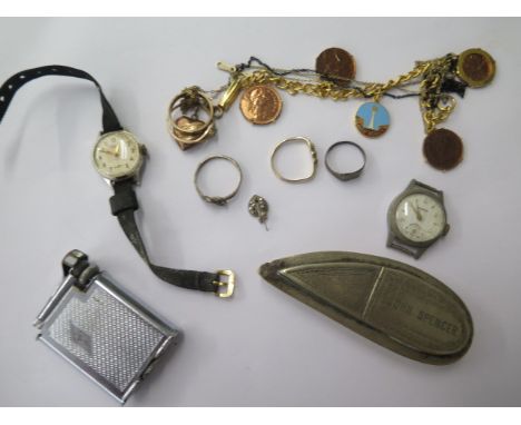 A white metal snuff box engraved John Spencer, a Mosda lighter, 2 watches and assorted jewellery and a folding rule 