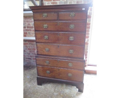 A Georgian oak chest on chest with 2 short over 5 long drawers on bracket feet, 163cm tall x 100cm x 50cm 