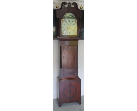 An 8 day longcase clock by Jos Scott of Leeds, circa 1844, 14" arch painted dial with seconds and date, mahogany and oak case