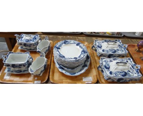 W Adams & Co. Art Nouveau design blue and white transfer printed part dinner service: tureens, plates, sauce boat etc. (3) (B