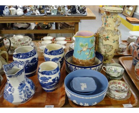 Two trays of assorted china to include: Victorian Majolica jug decorated with flowers and foliage, Japanese two handled vase,