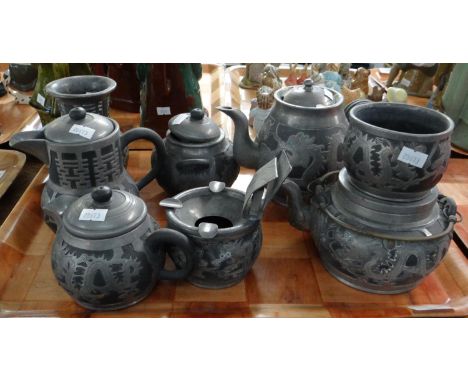 Eight piece Chinese tea ware and other items, overlaid with white metal dragon mounts, ceil mark to the underside, to include