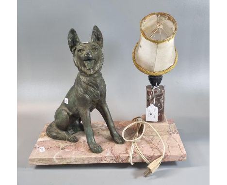 Spelter and veined marble sculptural table lamp with dog mount.  Mid Century.  (B.P. 21% + VAT) 