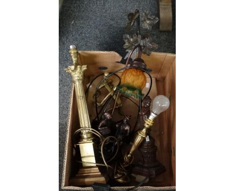 Box comprising assorted modern table lamps of figural deign brass finish etc.  together with a pair of brass firedogs.  (B.P.