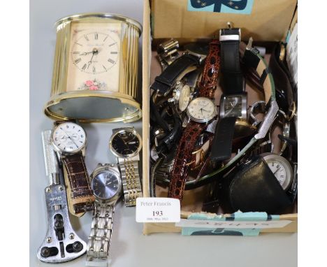 Box of assorted modern wristwatches together with a modern quartz carriage clock.  (B.P. 21% + VAT) 
