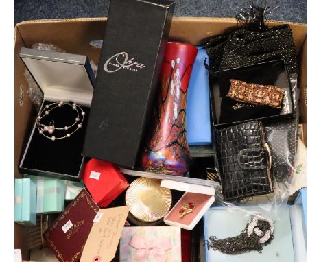 Box of assorted costume jewellery, okra vase, silver dwarf candlestick etc.  (B.P. 21% + VAT) 