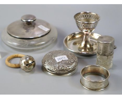 Collection of silver and similar items to include: silver topped and glass scent bottle, silver topped and glass dressing tab