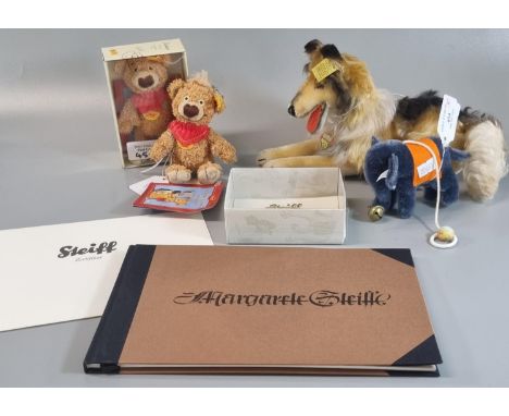 Collection of modern Steiff animals, to include: Elephant with bell, recumbent Collie, two miniature teddy bears, together wi
