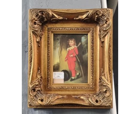 After Gainsborough, portrait print of a young archer.  Modern. 18x12cm approx.   Deep gilded frame.  (B.P. 21% + VAT) 