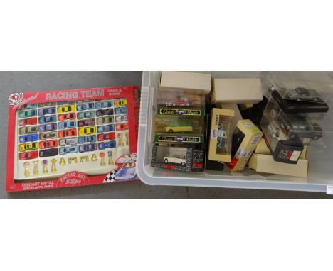 Plastic box of assorted Corgi, Rio and other diecast model vehicles in original boxes together with a Sport Racing Team Cars 