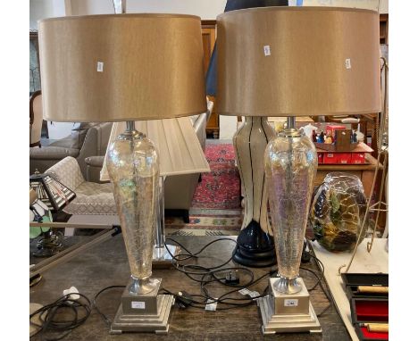 Pair of modern table lamps with shades having iridescent glass crackle glaze column on a chrome finish square stepped base.  