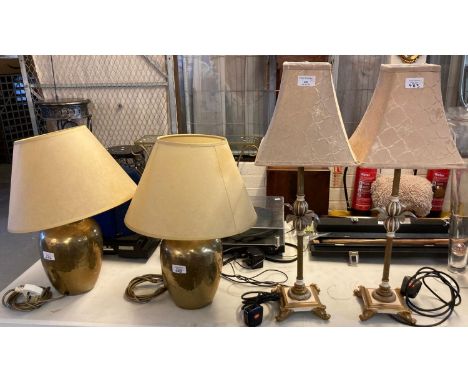 Pair of modern copper finish baluster table lamps with shades together with another pair of table lamps and shades decorated 