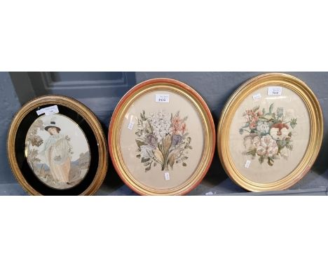 19th century silk work study portrait of a woman with flowers, together with a pair of similar silk work studies, still life 