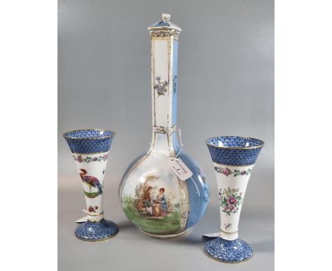 Continental lidded porcelain baluster vase depicting vignettes of figures in a garden and flowers together with a pair of Spo