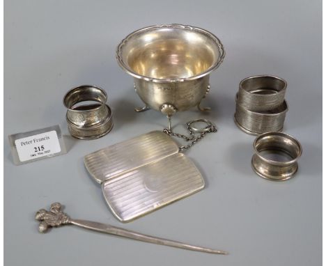 Collection of silver, to include: five napkin rings, Walker &amp; Hall sucrier, ladies engine turned calling card case with r