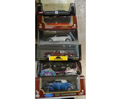 Collection of six 1:18 scale diecast model vehicles, to include: Road Legends 1937 Convertible, Chrono Chrysler GT Cruiser et