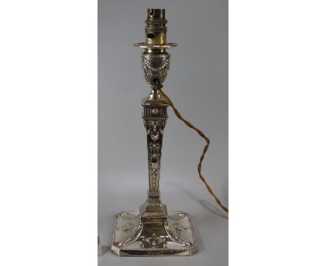 Early 20th century silver Corinthian column classical design candlestick, now converted to a lamp by Martin, Hall &amp; Co (R