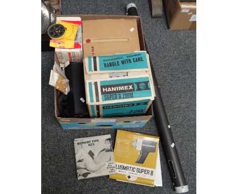 Box of film equipment including; a projector screen, a Hanimex Super 8 Zoom, Plusmatic Super 8 movie camera and film, Dixons 