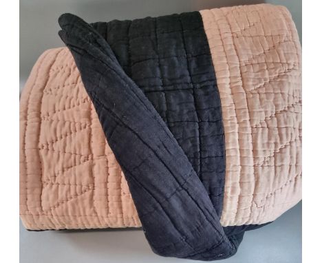 Handmade light pink and black cotton quilt, pink inner with sewn in diamond patterns and black edging. 212 x 184cm approx.(B.